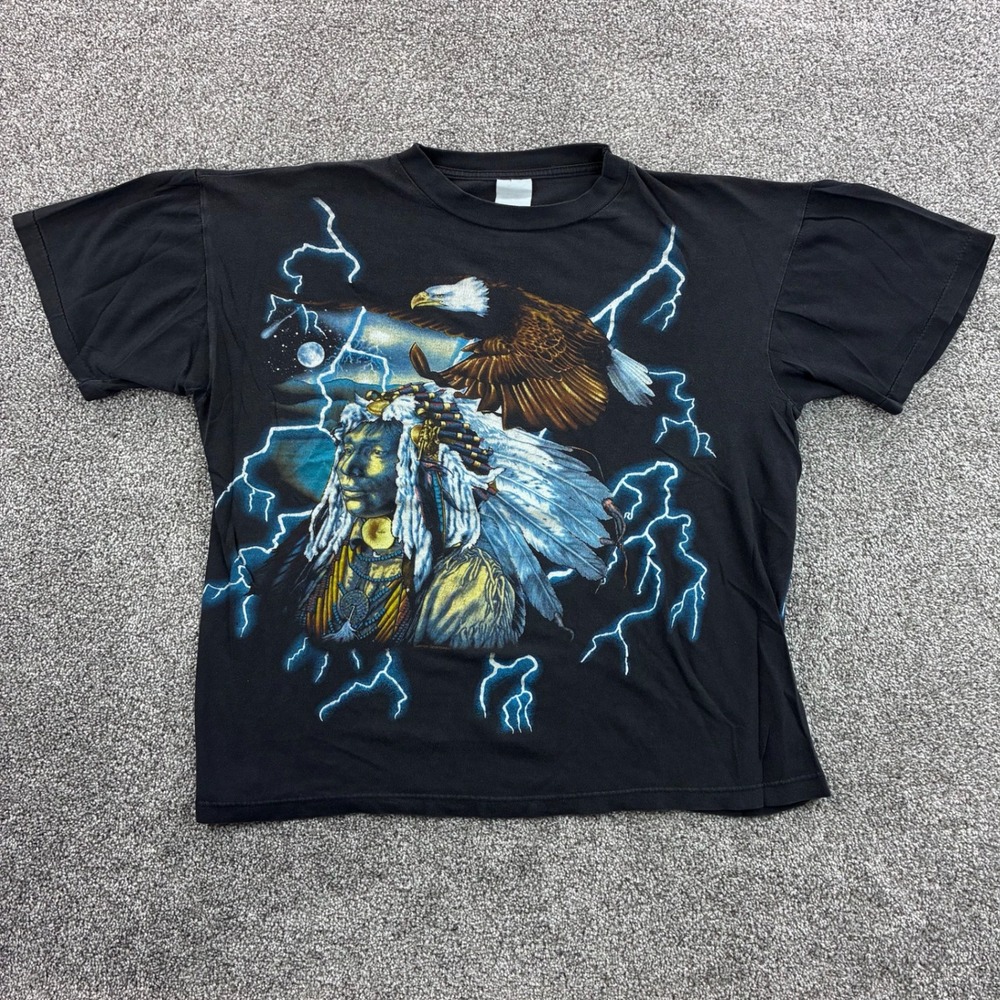 Vintage USA Thunder Shirt Mens XL Black Native American Eagle Lightning AOP - Picture 1 of 5